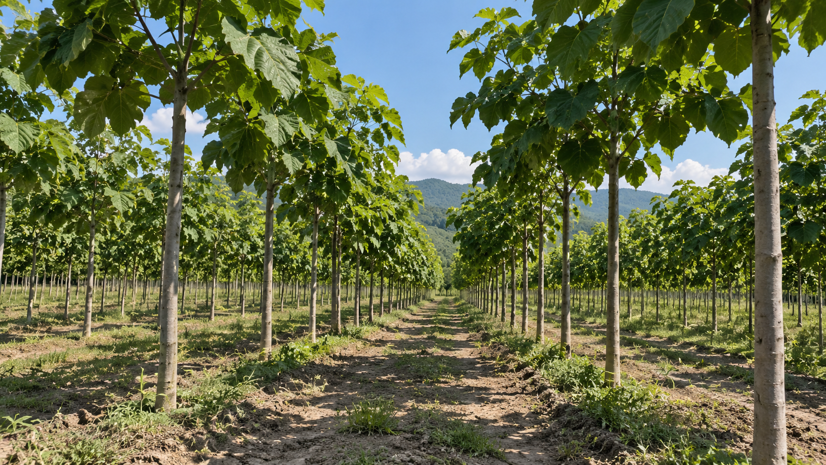 Illustrative Paulownia plantation with evenly spaced mature trees, visible trunks, and natural ground cover